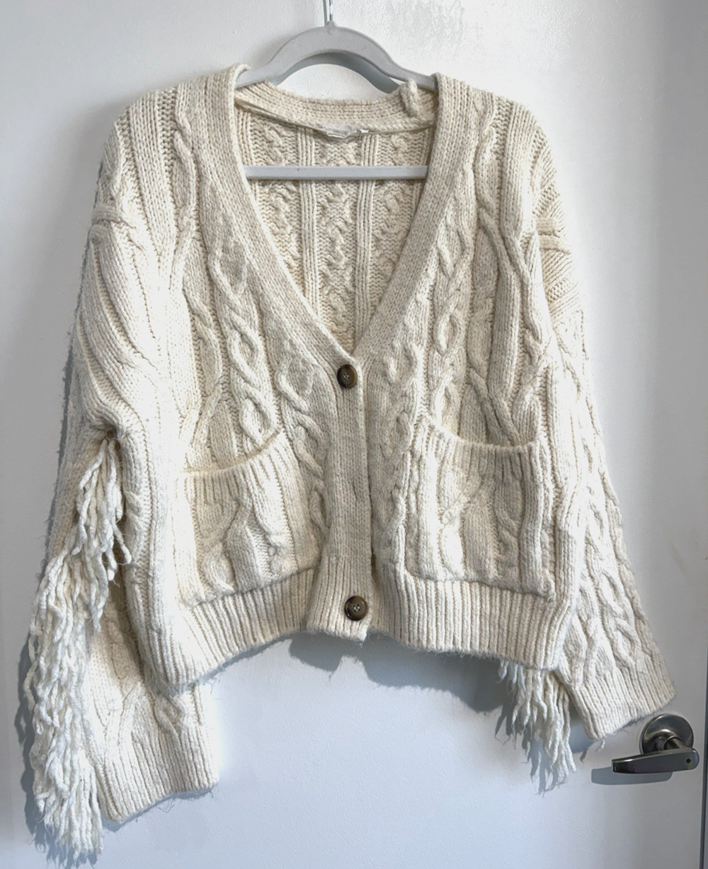 Mango Tassel Fringe Cable Knit Cardigan Cream Oversized Chunky Knit Western Sz-M